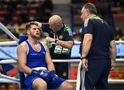 6 March 2024; Martin McDonagh of Ireland, with Ireland coaches Damian Kennedy, centre, and Zaur Antia, right, during their Men's 92kg+ Round of 32 bout against Yusuf Acik of Türkiye during day four at the Paris 2024 Olympic Boxing Qualification Tournament at E-Work Arena in Busto Arsizio, Italy. Photo by Ben McShane/Sportsfile