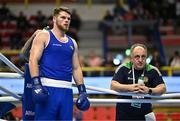 6 March 2024; Martin McDonagh of Ireland, with Ireland coach Zaur Antia, right, before their Men's 92kg+ Round of 32 bout against Yusuf Acik of Türkiye during day four at the Paris 2024 Olympic Boxing Qualification Tournament at E-Work Arena in Busto Arsizio, Italy. Photo by Ben McShane/Sportsfile