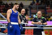 6 March 2024; Martin McDonagh of Ireland, with Ireland coaches Damian Kennedy, centre, and Zaur Antia, right, before their Men's 92kg+ Round of 32 bout against Yusuf Acik of Türkiye during day four at the Paris 2024 Olympic Boxing Qualification Tournament at E-Work Arena in Busto Arsizio, Italy. Photo by Ben McShane/Sportsfile