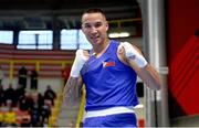 6 March 2024; John Marvin of Philipines celebrates after winning their Men's 92kg Round of 64 bout against Pouria Amiri of Iran during day four at the Paris 2024 Olympic Boxing Qualification Tournament at E-Work Arena in Busto Arsizio, Italy. Photo by Ben McShane/Sportsfile