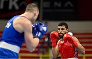 6 March 2024; Soheb Bouafia of France, right, in action against Bryan Colwell of Canada during their Men's 92kg Round of 64 bout during day four at the Paris 2024 Olympic Boxing Qualification Tournament at E-Work Arena in Busto Arsizio, Italy. Photo by Ben McShane/Sportsfile