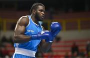 6 March 2024; Thomas Vianney Mboua of Cameroon before his Men's 92kg+ Round of 32 bout against Dohyeon Kim of Republic of Korea during day four at the Paris 2024 Olympic Boxing Qualification Tournament at E-Work Arena in Busto Arsizio, Italy. Photo by Ben McShane/Sportsfile