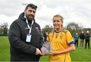 7 March 2024; Síofra Galvin of DCU Dochas Eireann is presented with the Player of the Match award by DJ Collins, Secretary Ladies HEC, following the 2024 Ladies HEC Cup Final between DCU Dochas Eireann and Mary Immaculate College at MTU Cork Photo by Stephen Marken/Sportsfile