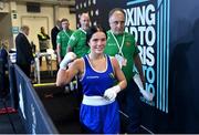 8 March 2024; Daina Moorehouse of Ireland celebrates after their victory in the Women's 50kg Round of 32 bout against Tayonis Cedeno of Venezuela during day six at the Paris 2024 Olympic Boxing Qualification Tournament at E-Work Arena in Busto Arsizio, Italy. Photo by Ben McShane/Sportsfile