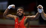 8 March 2024; Pedro Manuel Gomes of Angola celebrates after victory in their Men's 57kg Round of 32 bout against Victor Tremblay of Canada during day six at the Paris 2024 Olympic Boxing Qualification Tournament at E-Work Arena in Busto Arsizio, Italy. Photo by Ben McShane/Sportsfile