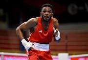 8 March 2024; Pedro Manuel Gomes of Angola celebrates after victory in their Men's 57kg Round of 32 bout against Victor Tremblay of Canada during day six at the Paris 2024 Olympic Boxing Qualification Tournament at E-Work Arena in Busto Arsizio, Italy. Photo by Ben McShane/Sportsfile