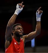 8 March 2024; Pedro Manuel Gomes of Angola celebrates after victory in their Men's 57kg Round of 32 bout against Victor Tremblay of Canada during day six at the Paris 2024 Olympic Boxing Qualification Tournament at E-Work Arena in Busto Arsizio, Italy. Photo by Ben McShane/Sportsfile