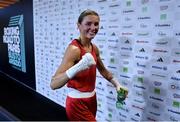 8 March 2024; Elise Glynn of Great Britain celebrates after her victory in their Women's 57kg Round of 32 bout against Zichun Xu of China during day six at the Paris 2024 Olympic Boxing Qualification Tournament at E-Work Arena in Busto Arsizio, Italy. Photo by Ben McShane/Sportsfile