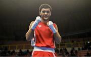 8 March 2024; Shakur Ovezov of Turkmenistan celebrates after winning their Men's 57kg Round of 32 bout against Daniyal Shahbakhsh of Iran during day six at the Paris 2024 Olympic Boxing Qualification Tournament at E-Work Arena in Busto Arsizio, Italy. Photo by Ben McShane/Sportsfile