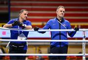 9 March 2024; USA coaches Billy Walsh, right, and John Nolan during day seven at the Paris 2024 Olympic Boxing Qualification Tournament at E-Work Arena in Busto Arsizio, Italy. Photo by Ben McShane/Sportsfile