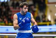 9 March 2024; Saparmyrat Roskowicz of Turkmenistan during their Men's 63.5kg Round of 16 bout against Bartlomiej Roskowicz of Poland during day seven at the Paris 2024 Olympic Boxing Qualification Tournament at E-Work Arena in Busto Arsizio, Italy. Photo by Ben McShane/Sportsfile