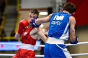 9 March 2024; Bartlomiej Roskowicz of Poland, left, in action against Saparmyrat Roskowicz of Turkmenistan during their Men's 63.5kg Round of 16 bout during day seven at the Paris 2024 Olympic Boxing Qualification Tournament at E-Work Arena in Busto Arsizio, Italy. Photo by Ben McShane/Sportsfile