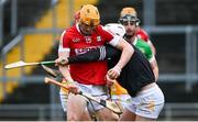 10 March 2024; Shane Barrett of Cork is tackled by Offaly goalkeeper Mark Troy during the Allianz Hurling League Division 1 Group A match between Offaly and Cork at Glenisk O'Connor Park in Tullamore, Offaly. Photo by Tyler Miller/Sportsfile