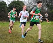 9 March 2024; Darragh Whelan of Castletroy College, Limerick, centre, competes in the minor boys 2500m during the 123.ie All Ireland Schools Cross Country Championships at Tymon Park in Tallaght, Dublin. Photo by Sam Barnes/Sportsfile
