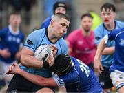 13 March 2024; Herbie Boyle of St Michael’s College is tackled by Simon Egan of St Mary’s College during the Bank of Ireland Schools Junior Cup semi-final match between St Michael's College and St Mary's College at Energia Park in Dublin. Photo by Daire Brennan/Sportsfile