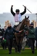 14 March 2024; Jockey Jack Kennedy celebrates aboard Teahupoo after winning the Paddy Power Stayers' Hurdle on day three of the Cheltenham Racing Festival at Prestbury Park in Cheltenham, England. Photo by Harry Murphy/Sportsfile