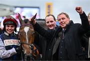 14 March 2024; Owner Harry Redknapp, right, celebrates with jockey Ben Jones and winning connections after Shakem Up'Arry won the TrustATrader Plate Handicap Chase on day three of the Cheltenham Racing Festival at Prestbury Park in Cheltenham, England. Photo by Harry Murphy/Sportsfile