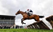 15 March 2024; The Jukebox Man, with Kielan Woods up, jump the last on their way to finishing second in the Albert Bartlett Novices' Hurdle on day four of the Cheltenham Racing Festival at Prestbury Park in Cheltenham, England. Photo by David Fitzgerald/Sportsfile
