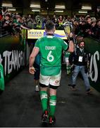 16 March 2024; Ireland captain Peter O'Mahony walks off the pitch with the Six Nations trophy after the Guinness Six Nations Rugby Championship match between Ireland and Scotland at the Aviva Stadium in Dublin. Photo by Brendan Moran/Sportsfile