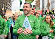 17 March 2024; Team Ireland athlete Kenneth Egan is pictured as Team Ireland and PTSB take part in the St. Patrick’s Day Parade on the streets of Dublin as part of the celebrations of 100 years of Team Ireland competing at the Olympic Games. Photo by Tyler Miller/Sportsfile