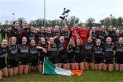 18 March 2024; St Attracta's Community School players celebrate after their side's victory in the 2024 Lidl LGFA All-Ireland Post-Primary Schools Senior B Championship final match between St Attracta’s Community School of Tubbercurry, Sligo, and Ursuline Secondary School of Thurles, Tipperary, at St Aidan’s GAA club in Ballyforan, Roscommon. Photo by Piaras Ó Mídheach/Sportsfile