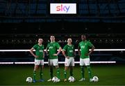 20 March 2024; Sky and the FAI today announced the extension of their Women’s Team partnership, along with a new partnership, making Sky the new Primary Partner of the Men’s National Team. Sky’s Primary Partnerships with the Women’s National Team and the Men’s National Team have been agreed until the end of 2028, meaning that Sky will be supporting both squads through four major tournament campaigns – the UEFA Women’s EURO in 2025, the 2026 FIFA World Cup, the 2027 FIFA Women’s World Cup and UEFA EURO in 2028. Pictured at the announcement are Republic of Ireland players, from left, Abbie Larkin, captain Seamus Coleman, captain Katie McCabe and Chiedozie Ogbene. Photo by Brendan Moran/Sportsfile