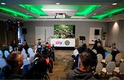 20 March 2024; Interim head coach John O'Shea, centre, with Seamus Coleman and communications manager Kieran Crowley, right, during a Republic of Ireland media conference at Castleknock Hotel in Dublin. Photo by Stephen McCarthy/Sportsfile