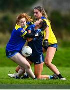 20 March 2024; Katie McAdam of Our Lady's Secondary School collides with Sacred Heart School goalkeeper Mae Murray during the 2024 Lidl LGFA All-Ireland Post-Primary Schools Senior A final match between Our Lady’s Secondary School of Castleblaney, Monaghan, and Sacred Heart School of Westport, Mayo, at St Rynagh’s GAA club in Banagher, Offaly. Photo by Tyler Miller/Sportsfile