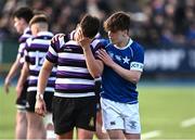 20 March 2024; Daniel McKenna of Terenure College is consoled by Nic Sheehan of St Mary’s College after the Bank of Ireland Leinster Schools Junior Cup final match between St Mary's College and Terenure College at Energia Park in Dublin. Photo by Harry Murphy/Sportsfile