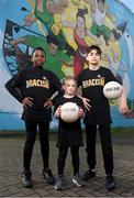 21 March 2024; A group of SARI's future Young Leaders, from left, Roqeeb, Mia and Roberto, celebrate International Day for the Elimination of Racial Discrimination at St Laurence O’Toole Recreation Centre in Dublin. Photo by Seb Daly/Sportsfile
