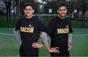 21 March 2024; Two of SARI's future Young Leaders coaches Zinedine, left, and Fayaaz, celebrate International Day for the Elimination of Racial Discrimination at St Laurence O’Toole Recreation Centre in Dublin. Photo by Seb Daly/Sportsfile