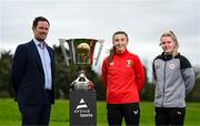 21 March 2024; Neil Coleman, Head of communications & digital innovation at NI Football League, with Glentoran's Aimee Neal and Cliftonville's Vicky Carleton at the launch of Avenir Sports All-Island Cup 2024 at the FAI Headquarters in Abbotstown, Dublin. Photo by Stephen McCarthy/Sportsfile
