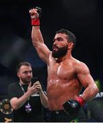 22 March 2024; Patricio Pitbull celebrates after defeating Jeremy Kennedy in their featherweight title bout during the Bellator Champions Series at the SSE Arena in Belfast. Photo by David Fitzgerald/Sportsfile