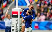 23 March 2024; Marine Menager of France, right, celebrates with team-mate Lina Queyroi after scoring her side's second try during the Women's Six Nations Rugby Championship match between France and Ireland at Stade Marie-Marvingt in Le Mans, France. Photo by Hugo Pfeiffer/Sportsfile