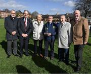 23 March 2024; Uachtarán Chumann Lúthchleas Gael Jarlath Burns, second from left, with the immediate past president Larry McCarthy, left, Roger Ryan, President, The Rockies, John Norberg, who had his grandfather on the 1894 team, Frank Murphy, retired Cork County Secretary, Pat Horgan, Chairman, Cork County Board, at the official unveiling of a plaque by Dublin City Council and the GAA at Clonturk Park in Drumcondra, commemorating it as a location for the All-Ireland hurling and football finals of 1890, 1891, 1892 and 1894. Photo by Ray McManus/Sportsfile