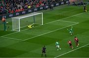 23 March 2024; Belgium goalkeeper Matz Sels saves a penalty from Evan Ferguson of Republic of Ireland during the international friendly match between Republic of Ireland and Belgium at the Aviva Stadium in Dublin. Photo by David Fitzgerald/Sportsfile