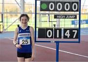 23 March 2024; Jasmine Barrett Doherty of Finn Valley AC, Donegal, after winning the girls under 13 high jump during day one of the 123.ie National Juvenile Indoor Championships at the TUS International Arena in Athlone. Photo by Stephen Marken/Sportsfile