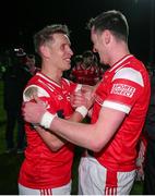 23 March 2024; Louth players Anthony Williams, left, and Tommy Durnin after their side's victory in the Allianz Football League Division 2 match between Kildare and Louth at Netwatch Cullen Park in Carlow. Photo by Michael P Ryan/Sportsfile