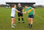 24 March 2024; Referee Eoghan O'Neill with team captains Yvonne Lee of Limerick, left, and Michelle Guckian of Leitrim before the Lidl LGFA National League Division 4 semi-final match between Leitrim and Limerick at Pádraig Pearses GAA Club in Roscommon. Photo by Seb Daly/Sportsfile