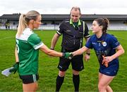 24 March 2024; Team captains Shannan McQuade of Fermanagh and Ruth Bermingham of Carlow shake hands before the Lidl LGFA National League Division 4 semi-final match between Fermanagh and Carlow at Dowdallshill GAA Club in Dundalk, Louth. Photo by Tyler Miller/Sportsfile