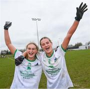 24 March 2024; Limerick players Iris Kennelly, left, and Róisín Ambrose celebrate after their side's victory in the Lidl LGFA National League Division 4 semi-final match between Leitrim and Limerick at Pádraig Pearses GAA Club in Roscommon. Photo by Seb Daly/Sportsfile