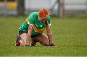 24 March 2024; Charlene Tyrrell of Leitrim reacts after her side's defeat in the Lidl LGFA National League Division 4 semi-final match between Leitrim and Limerick at Pádraig Pearses GAA Club in Roscommon. Photo by Seb Daly/Sportsfile