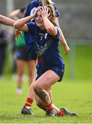 24 March 2024; Carlow captain Ruth Bermingham celebrates after her side's victory in the Lidl LGFA National League Division 4 semi-final match between Fermanagh and Carlow at Dowdallshill GAA Club in Dundalk, Louth. Photo by Tyler Miller/Sportsfile