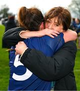 24 March 2024; Carlow captain Ruth Bermingham celebrates with her mother Tracey Bermingham after the Lidl LGFA National League Division 4 semi-final match between Fermanagh and Carlow at Dowdallshill GAA Club in Dundalk, Louth. Photo by Tyler Miller/Sportsfile