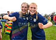 24 March 2024; Katie Tunstead of Carlow, left, and team-mate Sinead McCullagh celebrate after the Lidl LGFA National League Division 4 semi-final match between Fermanagh and Carlow at Dowdallshill GAA Club in Dundalk, Louth. Photo by Tyler Miller/Sportsfile