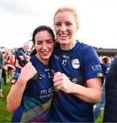 24 March 2024; Edel Hayden of Carlow, left, and team-mate Elaine Ware celebrate after the Lidl LGFA National League Division 4 semi-final match between Fermanagh and Carlow at Dowdallshill GAA Club in Dundalk, Louth. Photo by Tyler Miller/Sportsfile