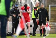 24 March 2024; Gareth McKinless of Derry leaves the pitch with a blood injury during the Allianz Football League Division 1 match between Derry and Roscommon at Celtic Park in Derry. Photo by Ramsey Cardy/Sportsfile