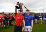 27 March 2024; North East captain Conor Goodwin and North Midlands captain Eanna Moynihan lift the cup after the BearingPoint Shane Horgan Cup Round 5 match between Midlands and North East at Carlow Institute of Technology in Carlow. Photo by Tyler Miller/Sportsfile