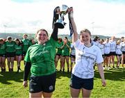 27 March 2024; South East captain Shannon Codd and Midlands captain Caoimhe McCormack lift the cup after the BearingPoint Sarah Robinson Cup Round 5 match between Midlands and North East at Carlow Institute of Technology in Carlow. Photo by Tyler Miller/Sportsfile