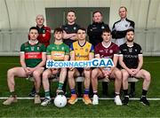 27 March 2024; Footballers in front row, from left, Diarmuid O'Connor of Mayo, Jack Casey of Leitrim, Conor Hussey of Roscommon, John Daly of Galway and Keelan Cawley of Sligo and back row from left, Mayo manager Kevin McStay, Leitrim manager Andy Moran, Galway selector John Concannon and Sligo selector Noel McGuire during the launch of the 2024 Connacht GAA Football Championship at University of Galway Connacht GAA AirDome in Bekan, Mayo. Photo by Piaras Ó Mídheach/Sportsfile